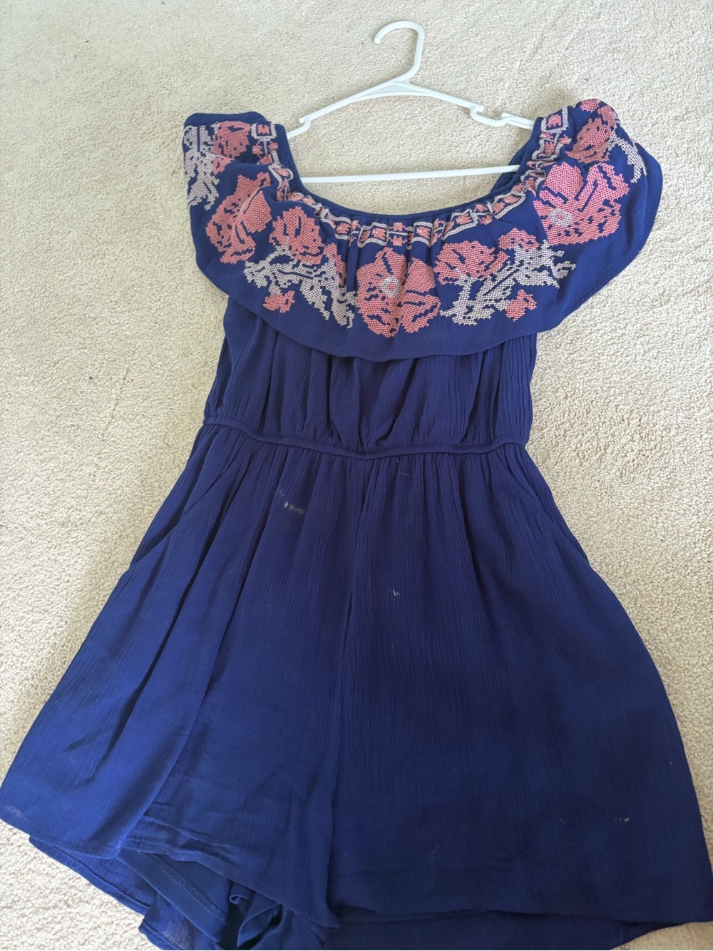 Blue Rain Navy Blue Off-Shoulder Top with Gold Script Label